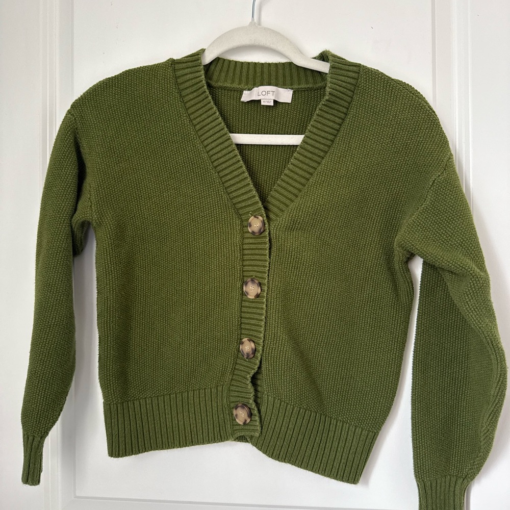 LOFT 100% Cotton Olive Green Button-Front V-Neck Cardigan Sweater